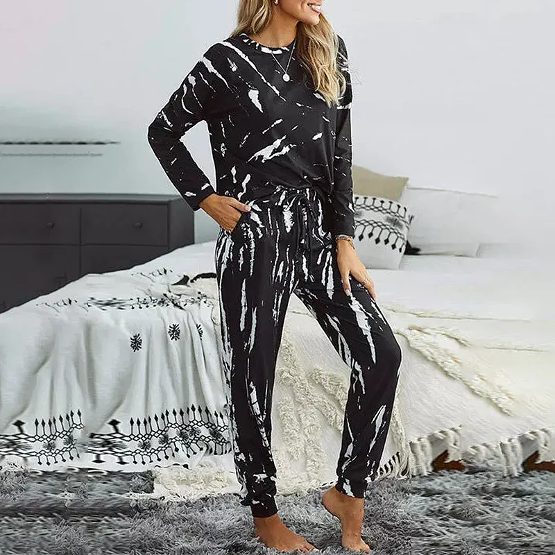 

Printed Long-sleeved Casual Home Service Suit Pajamas Women 2-piece Tie-dye Sweatshirt and Pants Striped WOMEN