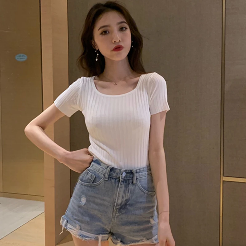 

Lucyever Summer White O Neck Women's T-shirt 2021 Fashion Slim Fit Knitted Short Sleeve Tees Ladies Korean Solid Pullover Tops