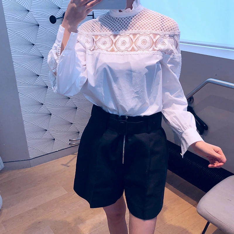 Office Women White Cotton Shirts Designer Long Sleeve Female Lace Patchwork Blouses