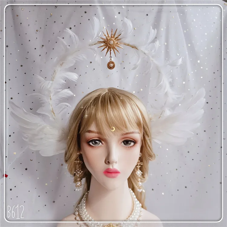 

Goddess Virgin Handmade KC Headwear Lolita Notre Dame Halo Sun Apollo Aperture Headband Angel Feather Wings Church Crown Fairy