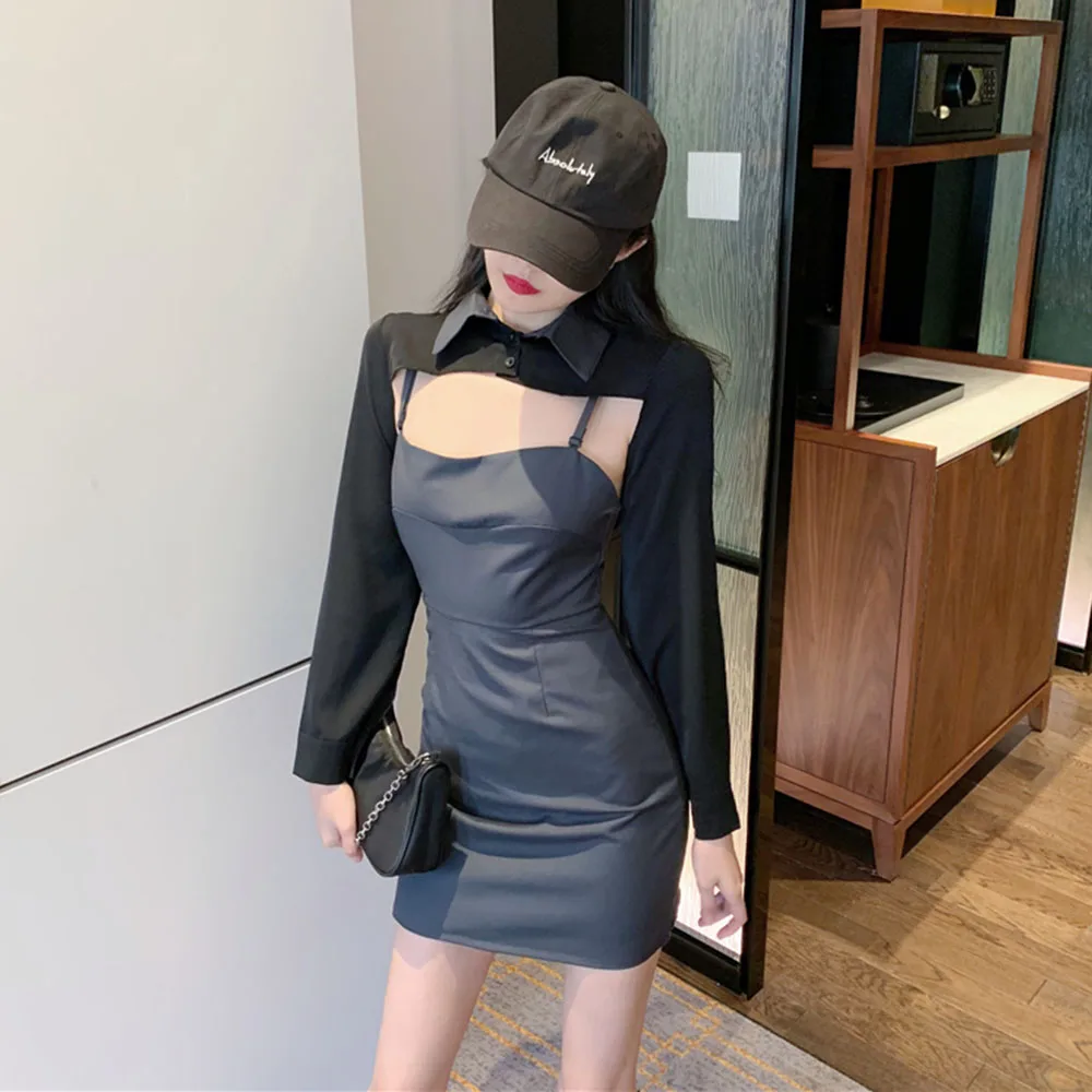 

High Street Sexy Summer Dress Fashion Casual Hipster Designer Creative Fake Two Hollow Out Draw Back Lapel Long Sleeve 2021