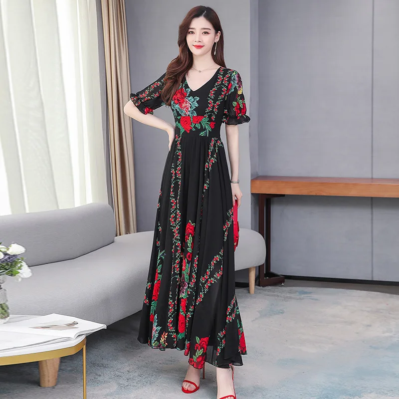 

Printed chiffon dress 2021 new summer knee-length popular long dress female high waist temperament national style dress