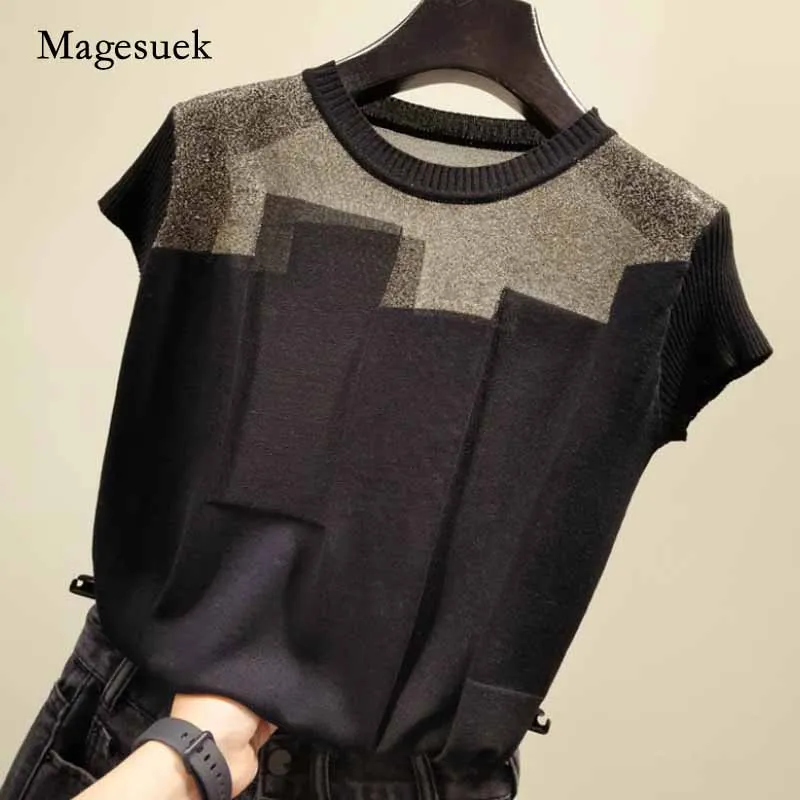 

2020 Korean Women O-neck Short Sleeve Pullover Fashion Thin Blouse Patchwork Ice Silk Knitted Tops Blusas Mujer De Moda 8796