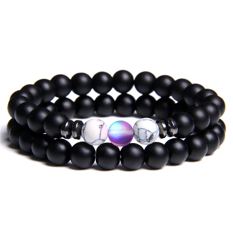 2 шт. Пара Браслеты для мужчин матовый черный оникс Камень бисер браслет женщин