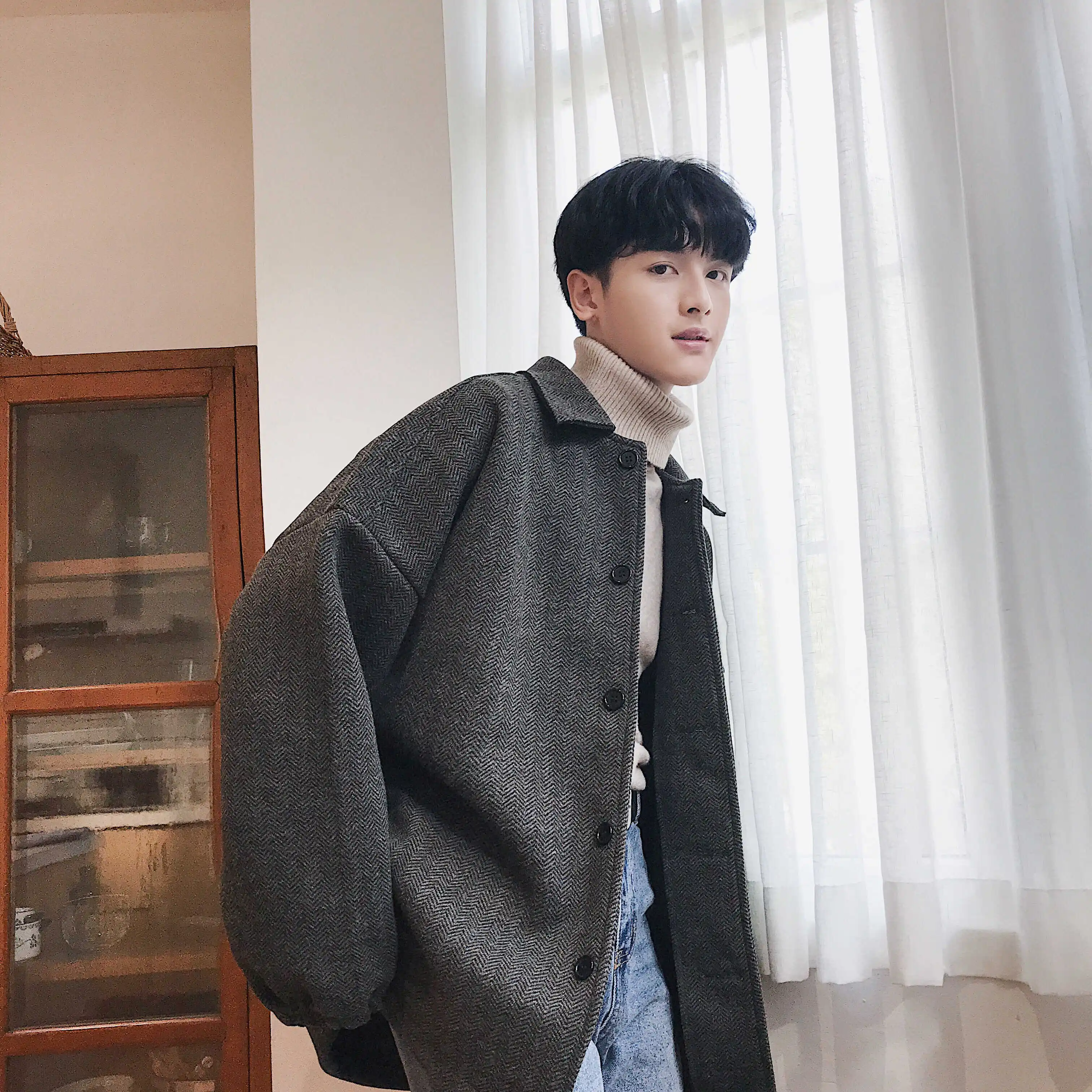 Мужской свободный Тренч из смесовой шерсти светло коричневое свободное