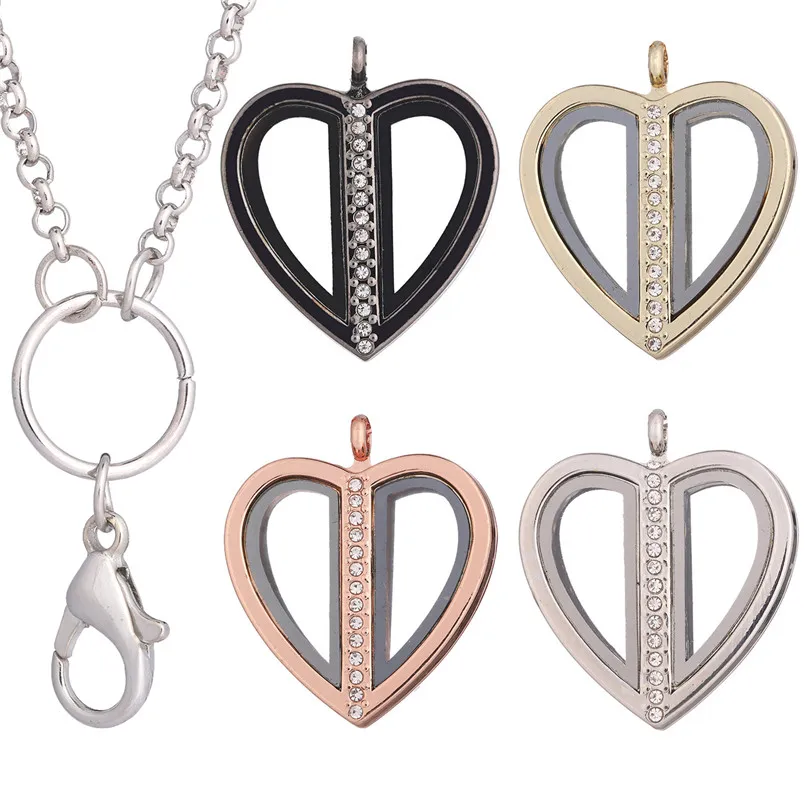 

10pcs/lot Sparkling Two halves Heart Locket Pendant Necklace Handmade Memory Living Floating charms Locket Lovers Gift Jewelry
