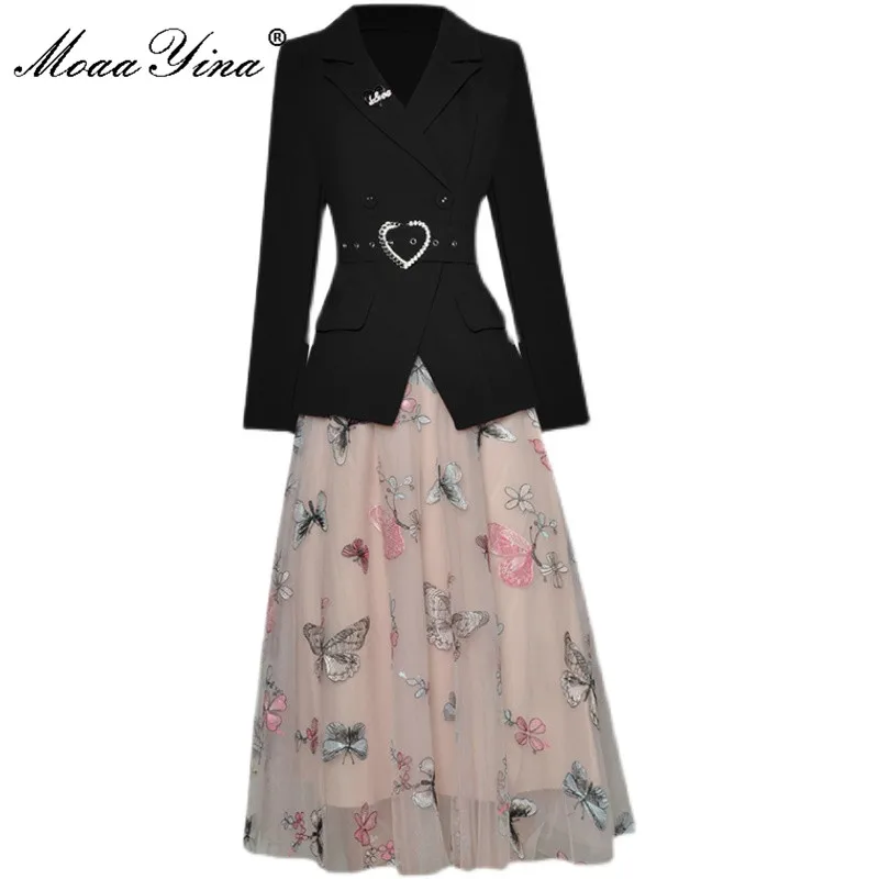 Костюм женский осенний из жакета и юбки с длинным рукавом вышивкой - купить по