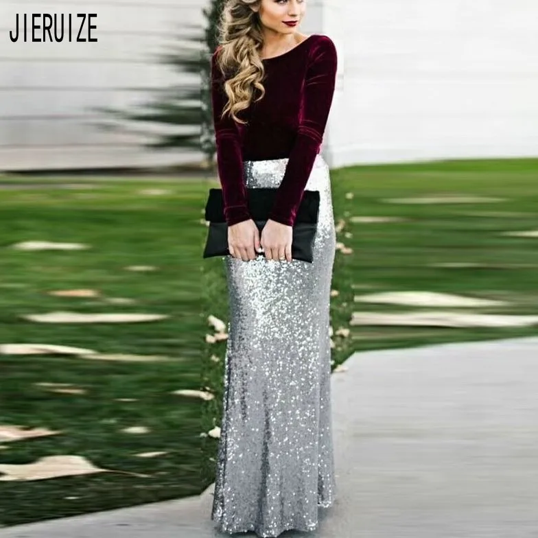 JIERUIZE пыльные фиолетовые и Серебряные вечерние платья с круглым вырезом длинными