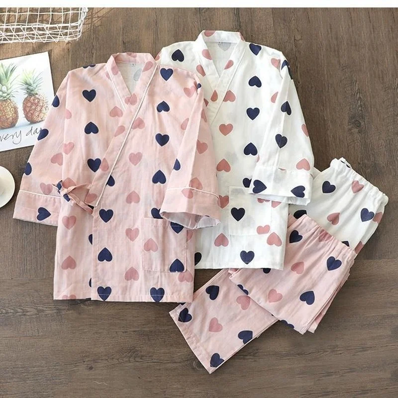 

QWEEK Cotton Kimono Women Girls Kawaii Love Print Sleepwear Spring Summer 2021 Pajamas Suits Three Quarter Pyjamas Sweet Pijamas