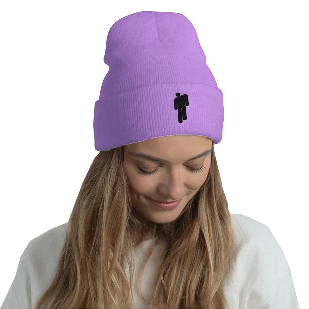 Purple Billie Eilish, шапка в стиле хип-хоп, женские неоновые зеленые кепки, Модная вязаная шапочка с вышивкой, шапки Skullies, уличная шапка, капот, 18 цветов - Цвет: Purple