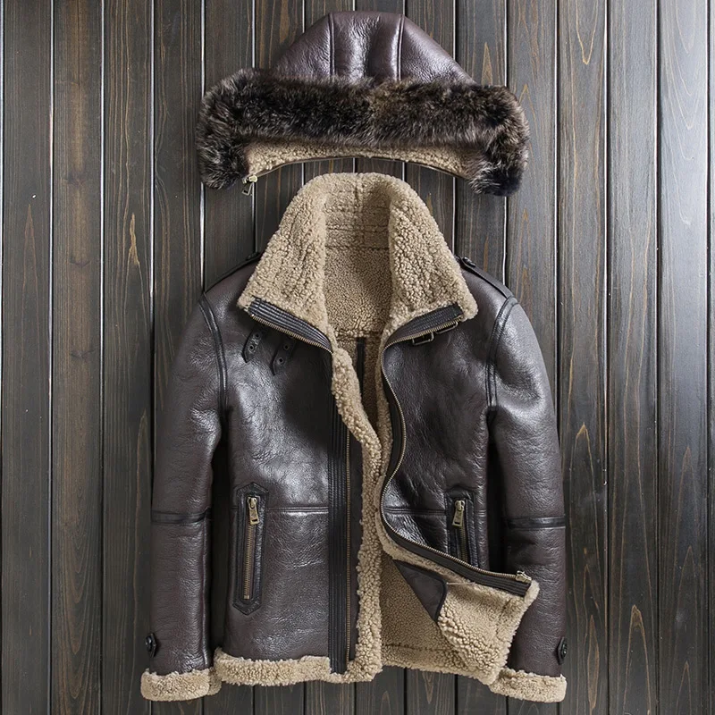 

Winter Thick Shearling Coat Men Short Slim Natural Fur Jackets Hat Detachable Zipper Biker Real Leather Jacket Oversize 4XL