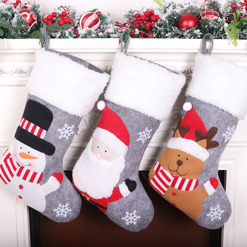 

1 pcs Christmas Stockings Socks with Snowman Santa Elk Bear Printing Xmas Candy Gift Bag Fireplace Xmas Tree Decoration New Year