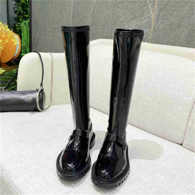 

Solid Women Shoes Knee-High Boots Patent Leather Platform Booties Stretch Outdoor Botas Mujer Fashion Luxury Brand Footwear