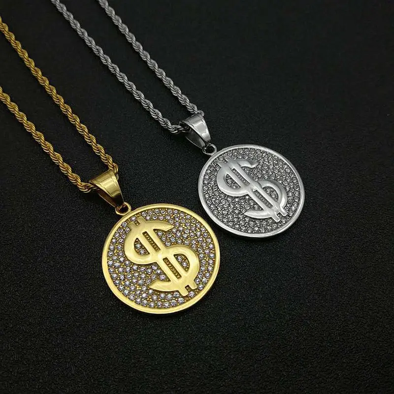 

Hip Hop Iced Out Dollar Sign Pendant & Chain Gold Silver Color Stainless Steel Round Necklace For Women Men Jewelry Wholeasle