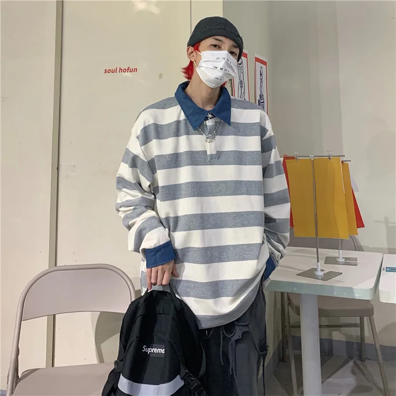 

preppy style spring autumn striped loose fashion brand Tees bf oversize Women's Clothing t shirts Unisex tops Korean style new