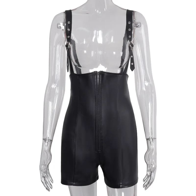 

ZKYZWX Sexy Black PU Leather Bodycon Playsuit Overalls One Piece Club Outfits Fall Clothes Body Rompers Womens Jumpsuit Shorts