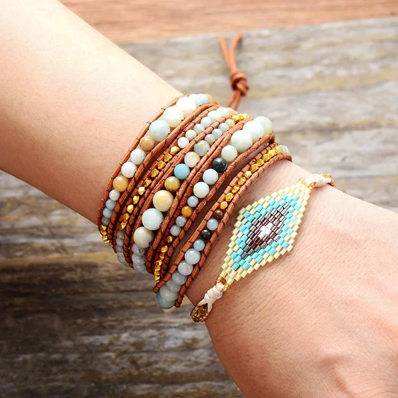 Изысканный градиентный цветок Амазонит золотые бусины 5 нитей плетеный кожаный