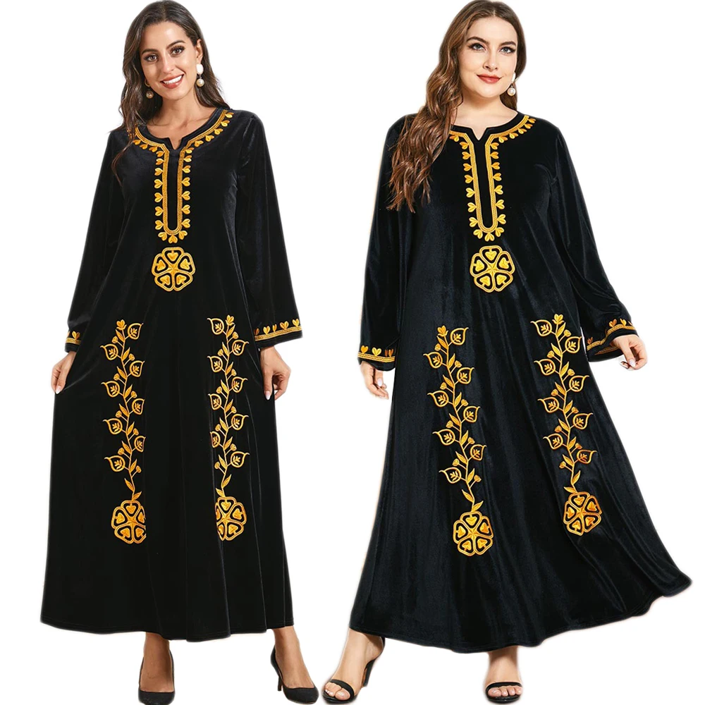 Вельветовое платье для женщин, зимнее черное, с этнической вышивкой, с длинным рукавом, арабский, турецкий, мусульманский стиль, свободная о...