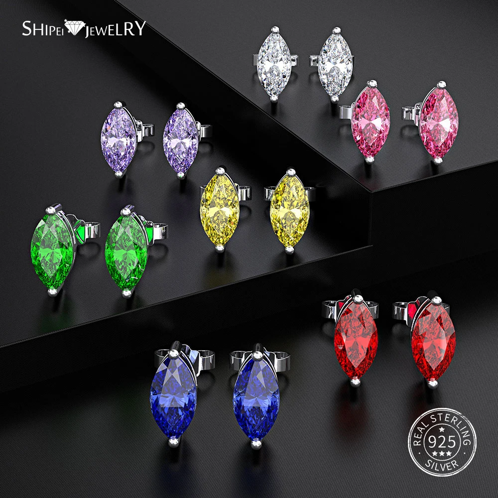 

Shipei 100% 925 Sterling Silver Fine Jewelry Minimalist Sapphire Emerald Ruby Marquise Stud Earrings for Women Birthday Gift