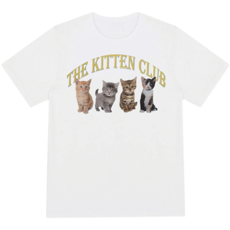 

The Kitten Club Cute Printed Women Street Style shirts White Cotton Vintage Short Sleeve Tops Plus Size Cotton Graphic Tees