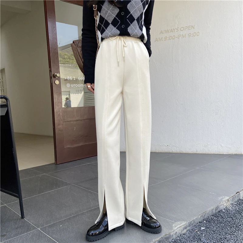 

HziriP 2021 Plus Size Straight Female Trousers New Solid High Waist Slim OL Elegant Women Casual Loose-fitting Split Pants