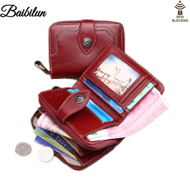 

Кожаные женские кошельки, держатель для карт с технологией RFID, органайзер, Дамский кошелек с замком, короткий клатч на молнии с кармашком дл...