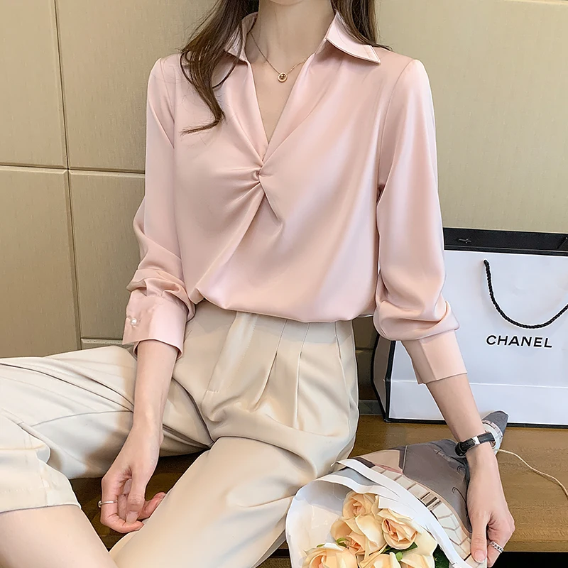 

Chikichi Chiffon Shirt Women's Spring New Long-sleeved Tops Fashion Temperament Casual Pink V-neck Blouse Women