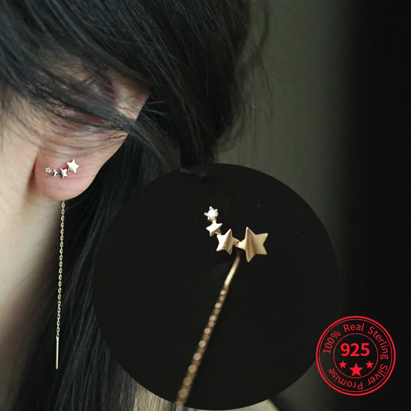 

925 Sterling Silver Plated 14k Gold Simple five-pointed star long tassel earrings Women Light Luxury Wedding Jewelry Accessories