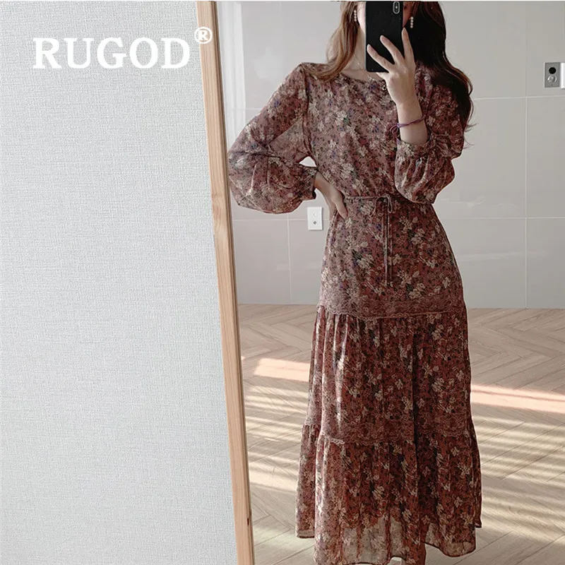 RUGOD Boho Chic Korean Floral Maxi Dress Full Sleeves Top For Women Ladies Dresses Elegant Pleated Collect Waist Chiffon Tops | Женская
