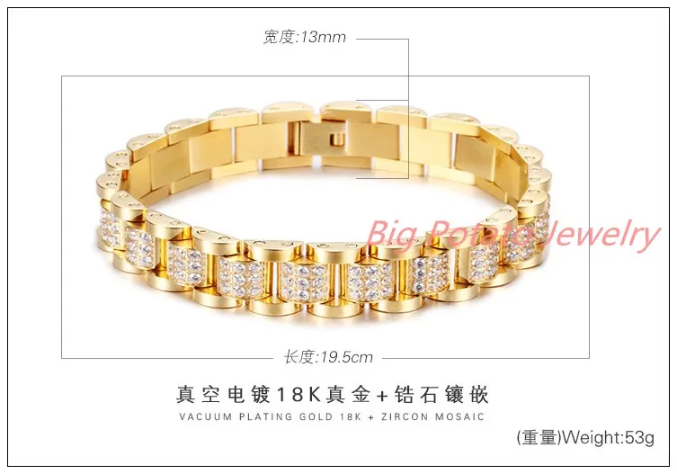 

7.67"*13mm 53g New Top CZ Stone Gift 316L Stainless Steel Gold Tone Link Chain Womens Girls Bracelet Bangle