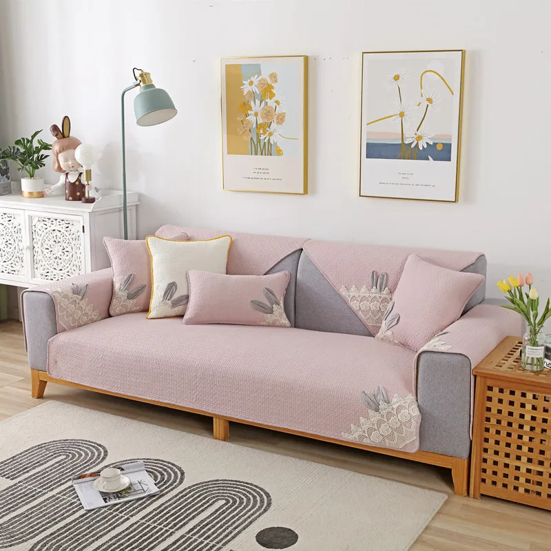 

Cotton jacquard sofa cover cartoon bunny ears with lace solid color cover towel L couch covers for sofas covers for living room