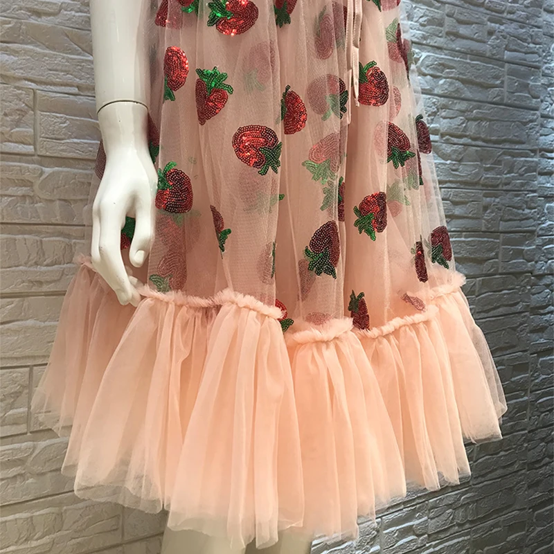 

Women Strawberry Dress Summer Sequin Embroidery Mesh Lace Up High Waist Tunic Casual Dress Top Quality