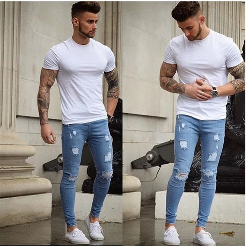 

2021 New Fashion Men's Ripped Jeans Casual Slim Denim Pencil Pants Street Hipster Trousers S-3XL Global Drop Shipping