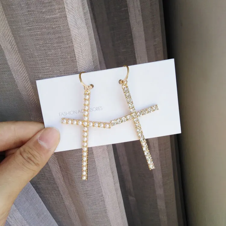 Punk Hip Hop Rhinestone Large Cross Earrings for Women Fashion Pearl Crystal Dangle Party Wedding Jewelry Girls Gift | Украшения и