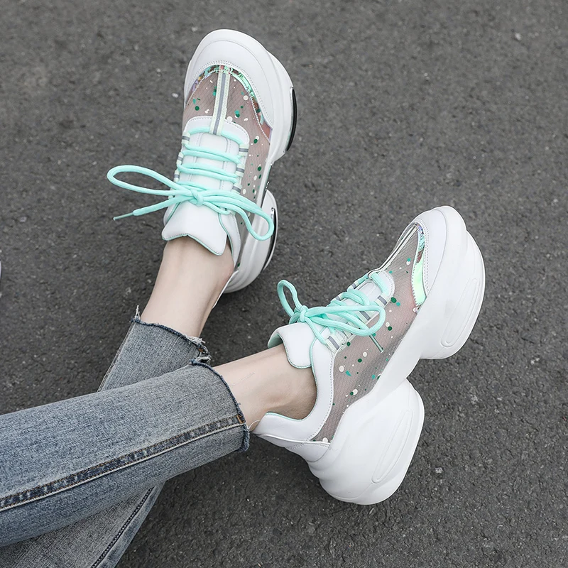 

New Design Thick Sole Women Shoes 2021 Fashion Women's Mesh Bling High Platform Sneakers Girls Yellow Sports Chunky Shoes Female