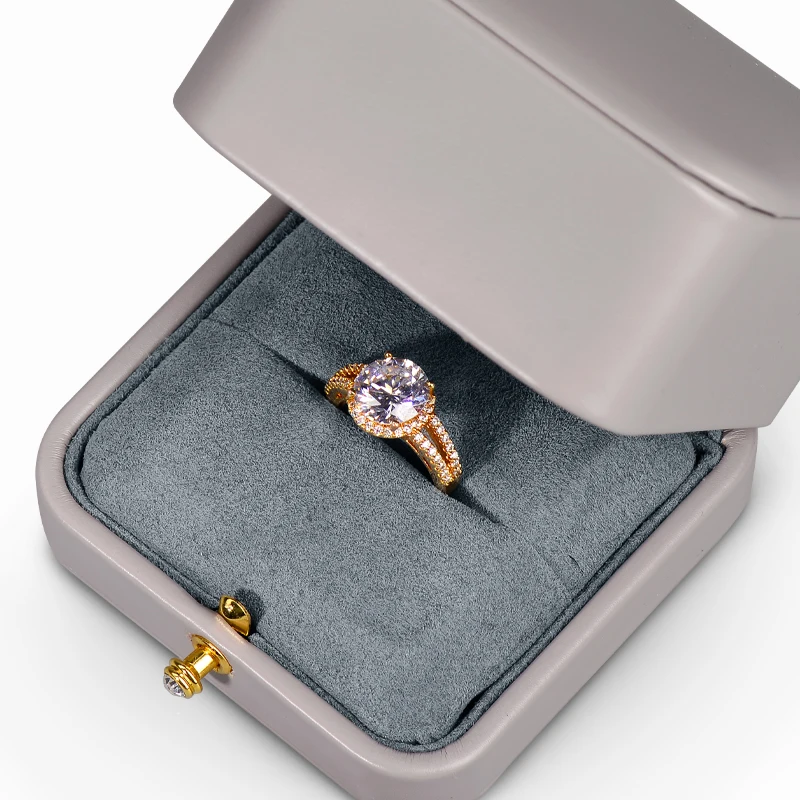 

Oirlv Creative Press Button High-Grade Gray Pu Leather Wedding Proposal Ring Box Single Ring Jewelry Packaging Box Can Be Custom