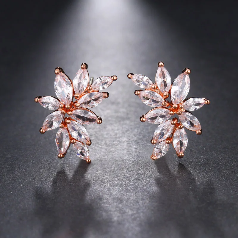 Rose Gold Классические яркие серьги с цирконием кубической огранки в форме листа для женщин желтого и серебряного цвета большие серьги-гвоздики ювелирные изделия подарок brinco AE661 - Окраска металла: Rose Gold