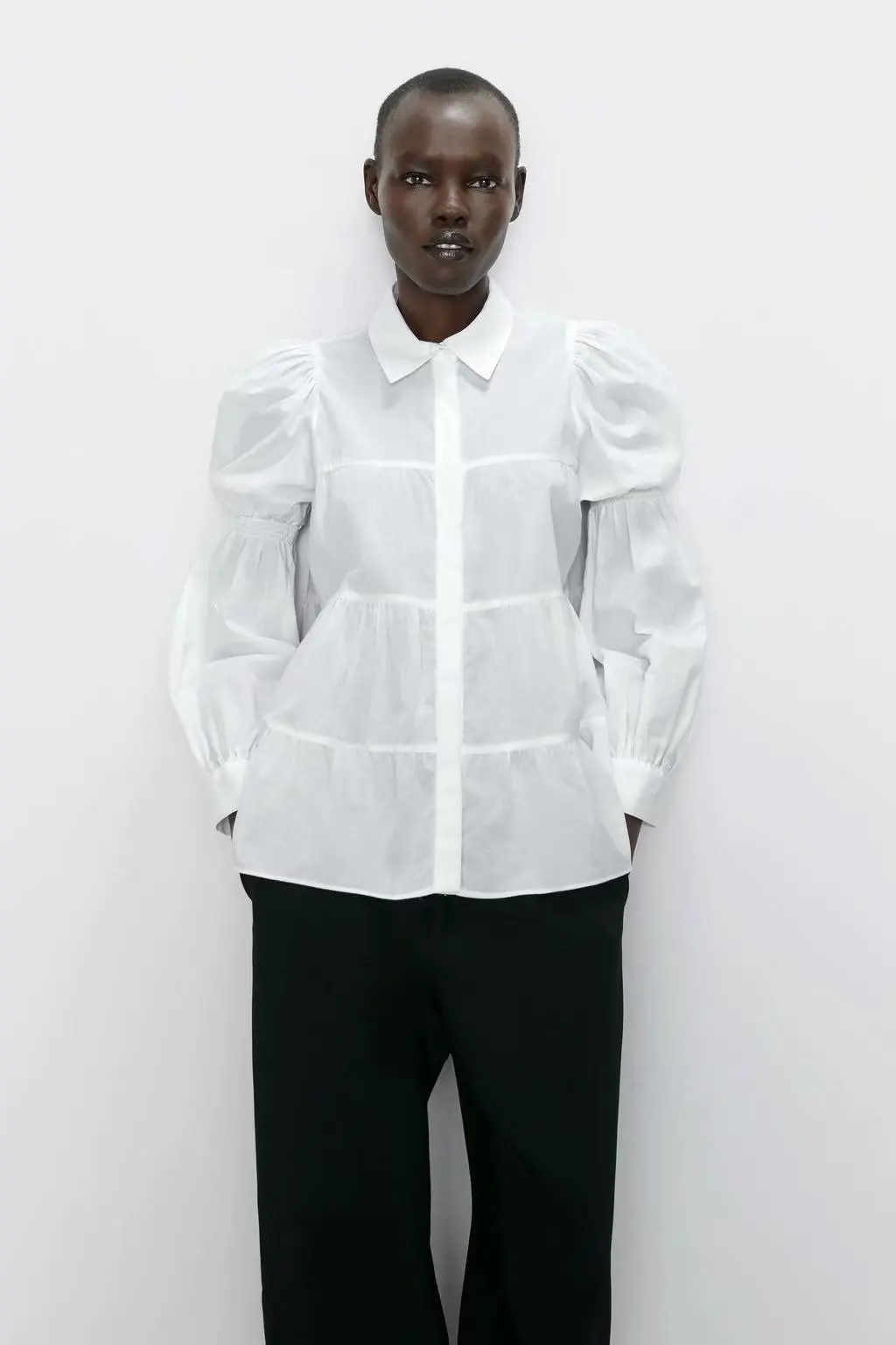 

Long- Sleeved Lapel Shirt Fashion Solid Color Patchwork Laminated Effect Poplin Blouses New 2021 Spring Women Casual Chiffon