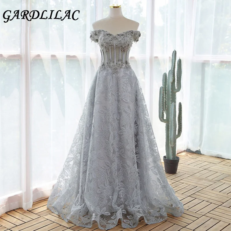 

Gardlilac кружевные Выпускные платья с открытыми плечами Кружевная аппликация с бусинами 3D Цветочные официальные платья а-силуэт длиной до пол...