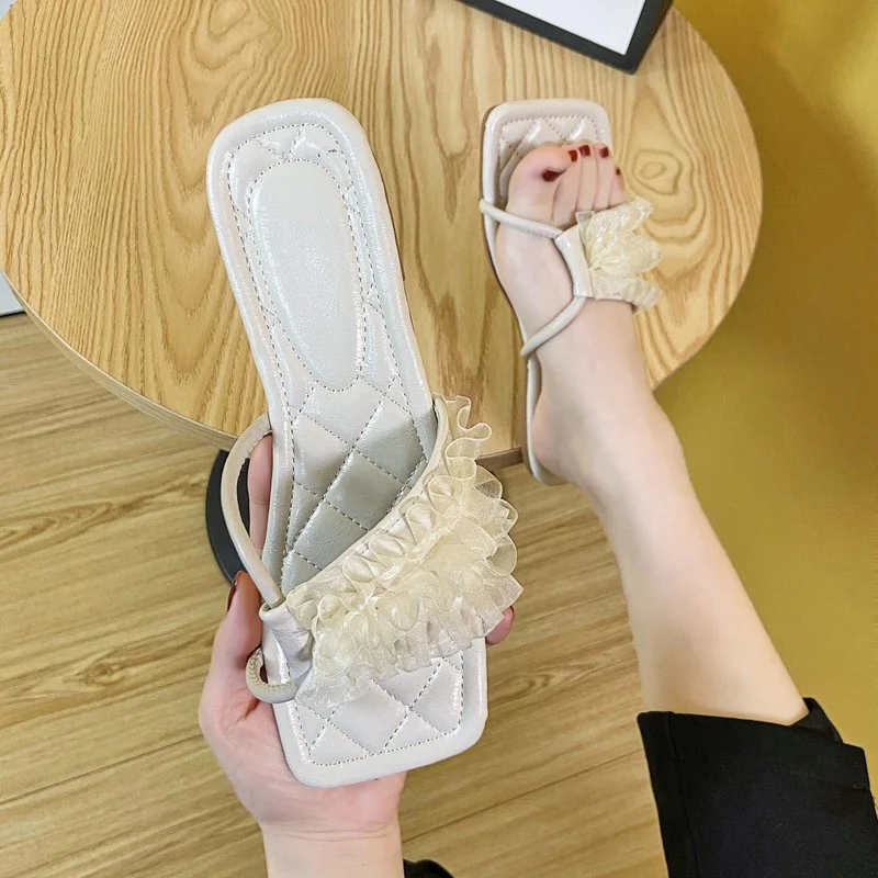 

Casual Summer Women's Slippers Fashion Simple Lace Vamp Personalized Design Sweet All-match Women's Slippers