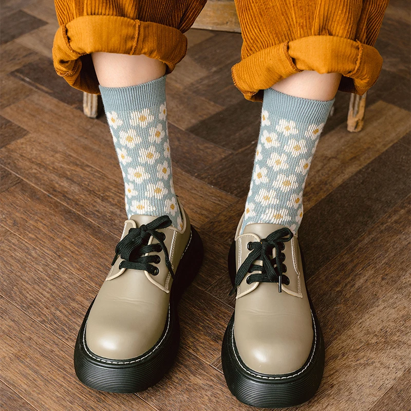 Зимние осенние теплые вязаные женские длинные носки с цветами хлопковые модные