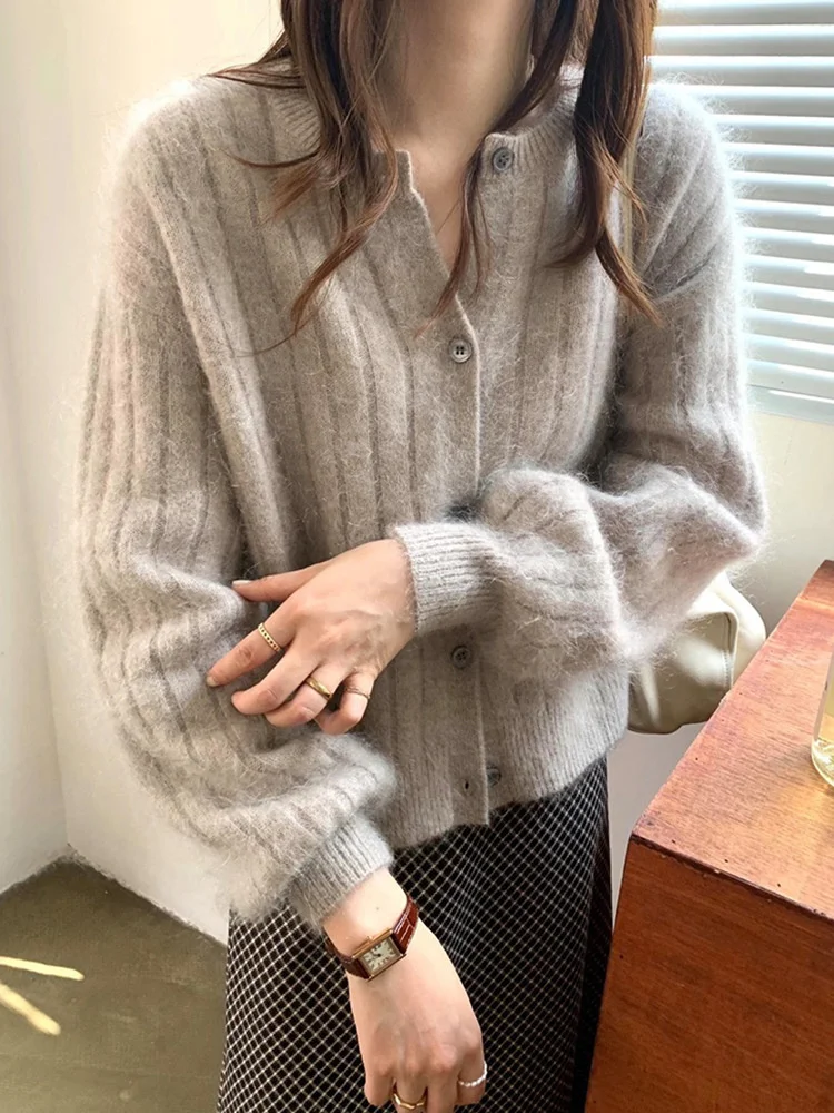 

2021new European Station Loose Thick Heavy Industry Raccoon Velvet Knitted Cardigan Haima Sweater for Women Fall and Winter
