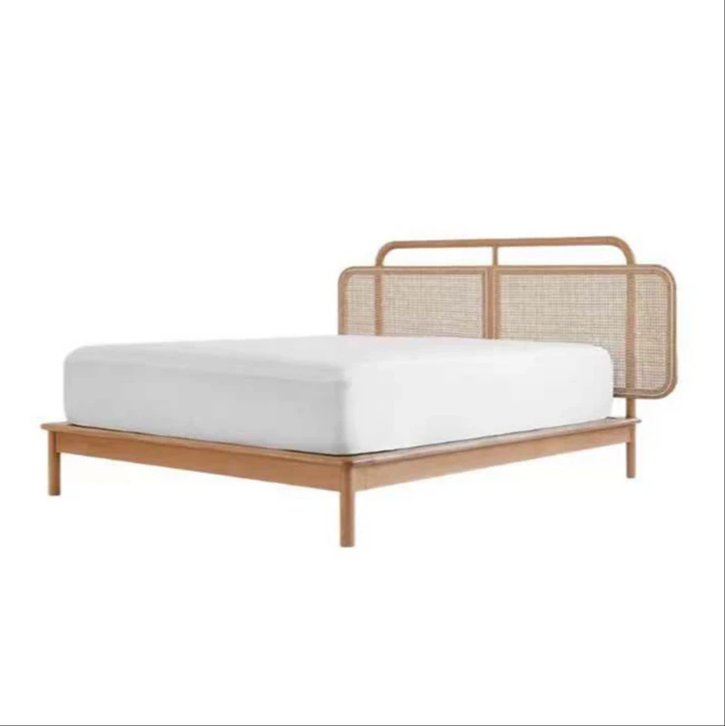 

Solid wood rattan bed Nordic retro minimalist single bed frame house light luxury master bedroom 1.8 meters double bed