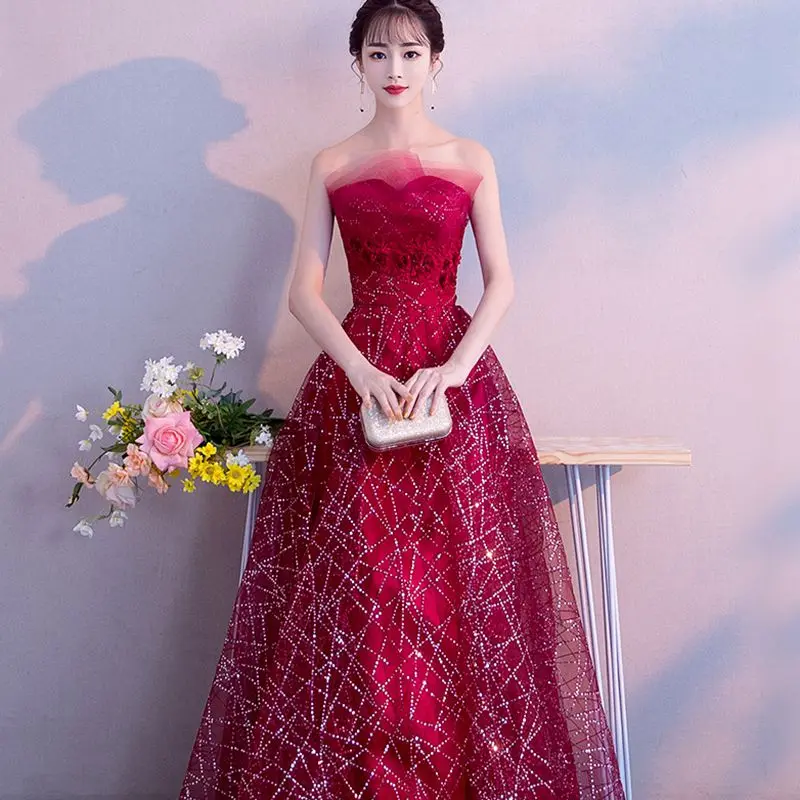 

vestido chino Women Prom Dresses Sexy charming Tube Top Cheongsam Wedding Evening Lace Sequins Full Length Qipao Bride