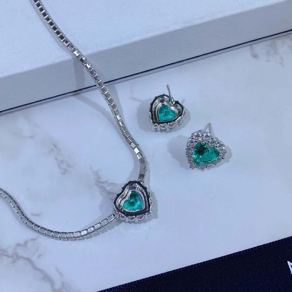 

Trendy 100% 925 Sterling Silver Heart Paraiba Tourmaline Pendant Necklace For Women Party Anniversary Tennis Chain Necklace