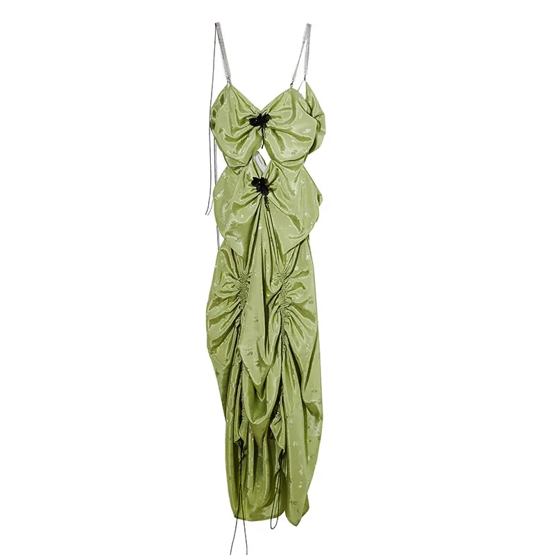 

XITAO Strap Dress Hollow Out Backless Bandage Splicing Flowers Pleated Hem Metal Chains Shoulder Strap Women Summer New WMD0456