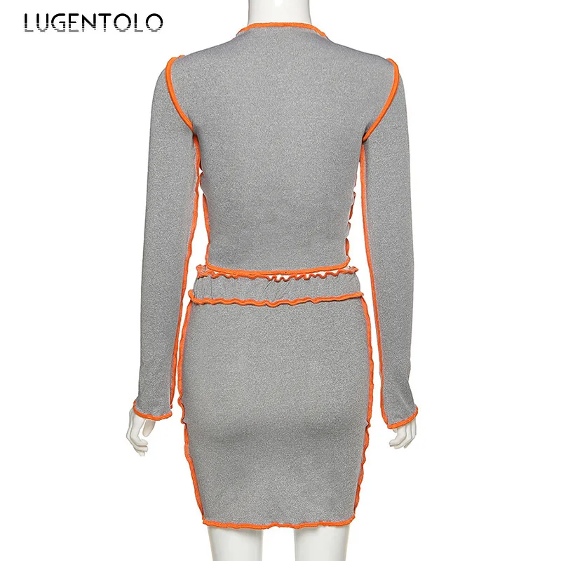 

Lugentolo Women 2 Piece Set Top and Skirt Autumn Sexy Stitching Long-Sleeved Cardigan T-shirt High Waist Hip Skirt Casual Sets