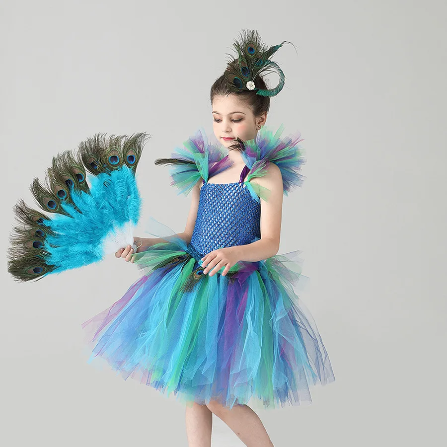 Платье-пачка с павлином для девочек Карнавальное нарядное платье перьями