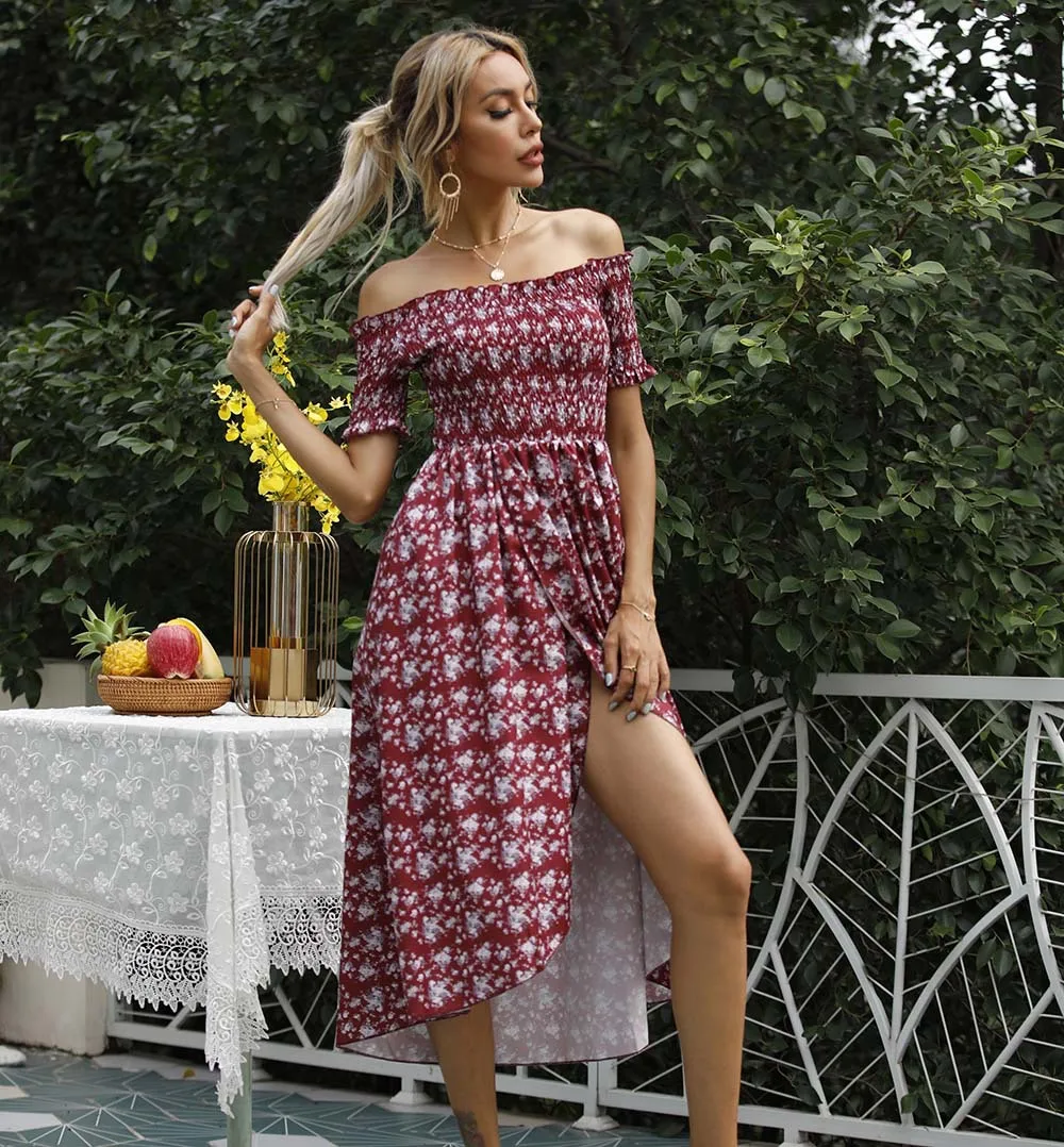 

2021 Women's Maxi Dress Summer Retro Fashion Bohemian Slim Sexy One Wrapped Chest Floral Split Dress Women's Holiday Dresses New