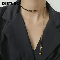 dieyuro 316l stainless steel korean style black weave gold necklace unique round bead pull out design adjustable women choker